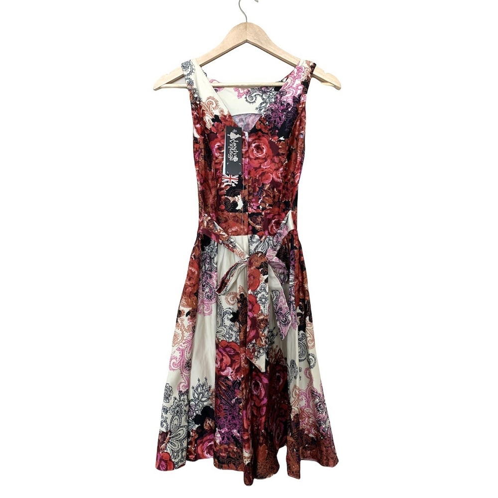 Lady V London Vintage Floral Paisley Tea Dress Red Ivory UK 8 , US 4 NWT - Picture 2 of 11